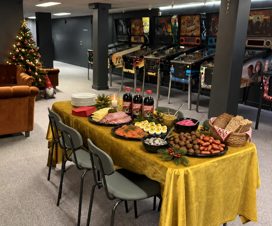 Julbord uppdukat bland flipperspelen, med julgran och tomte i Flipperklubbens lokal